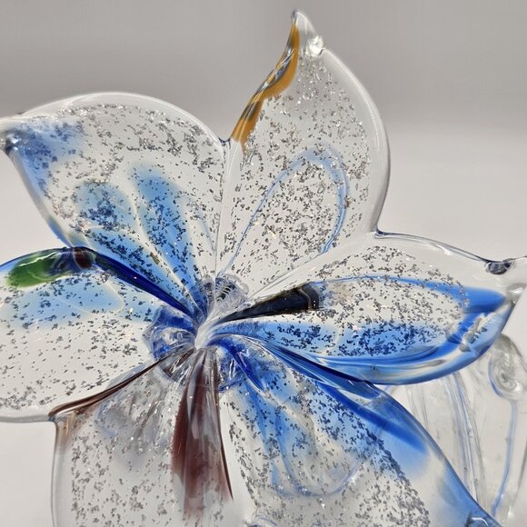 Murano Italy Hand Blown Glass Flower Sculpture Silver Blue Swirl Stem Art 4.75" - Picture 2 of 12